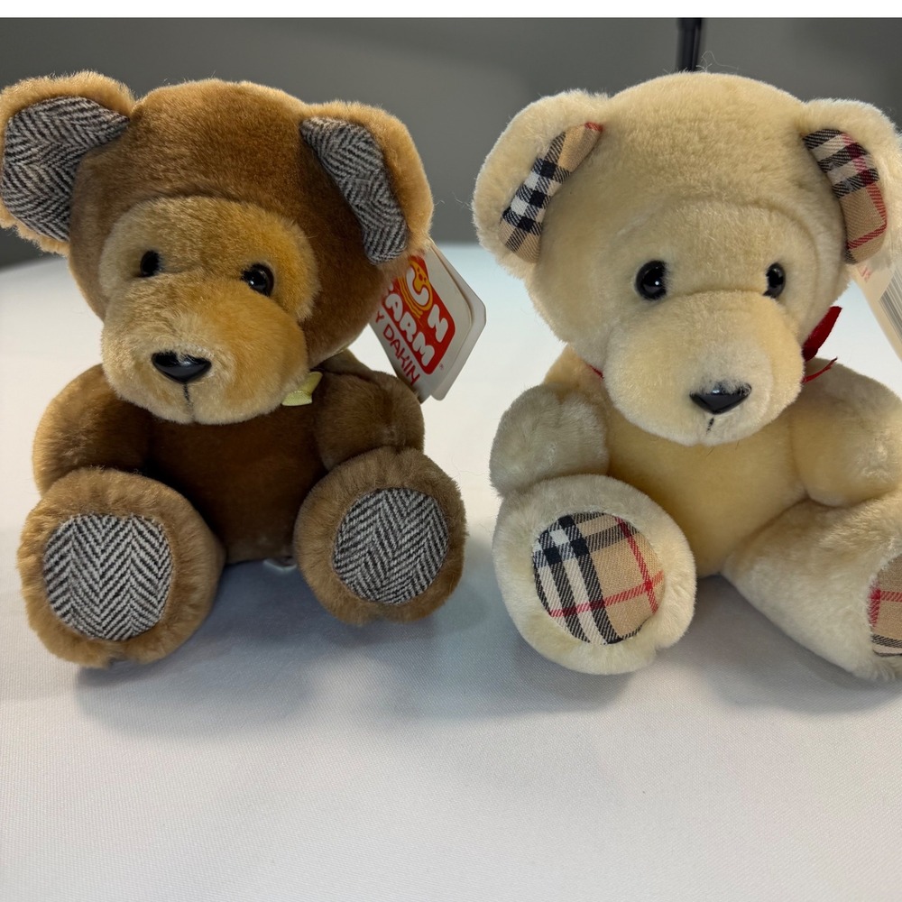 Vintage‎ 1986 Fun Farm by Dakin Remington Bears Set Brown Cream Plaid 7 Inch 2